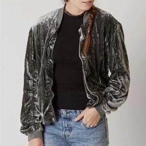 Free People Ruched Velour Bomber Jacket, Gray Stone, Size Medium